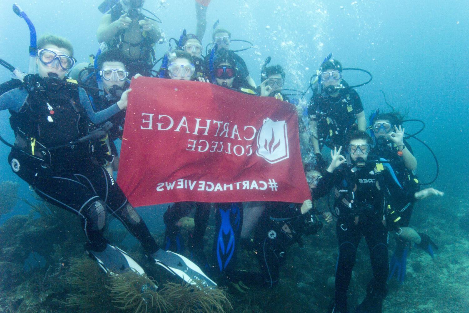 学生们手持<a href='http://4.thechromaticendpin.com'>bv伟德ios下载</a>旗帜，在j学期洪都拉斯游学之旅中潜水.